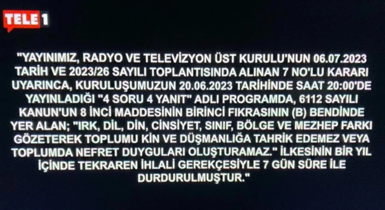 Tele 1'in ekranı karartıldı! 7 gün boyunca kapalı olacak