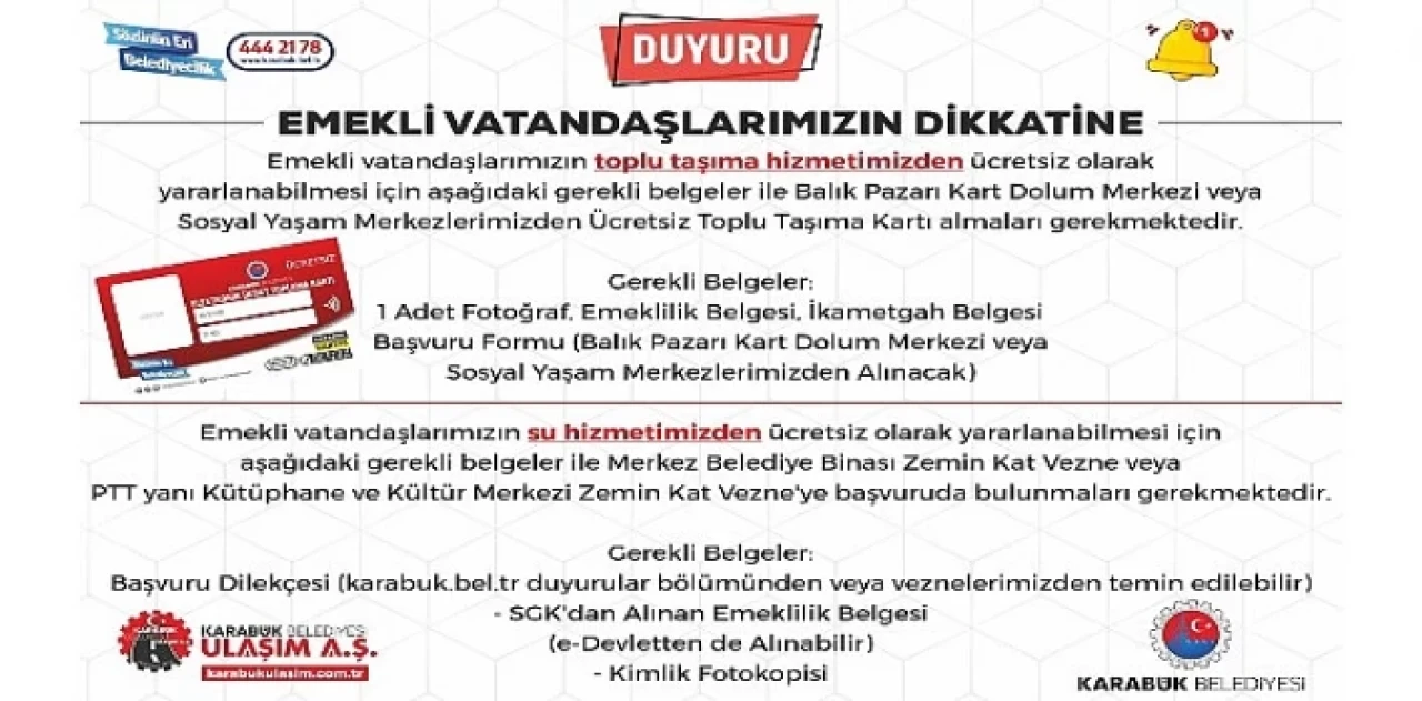 Karabük Belediyesi’nden Ücretsiz Toplu Taşıma ve Su Hizmeti İçin Emekli Vatandaşlara özel bir duyuru