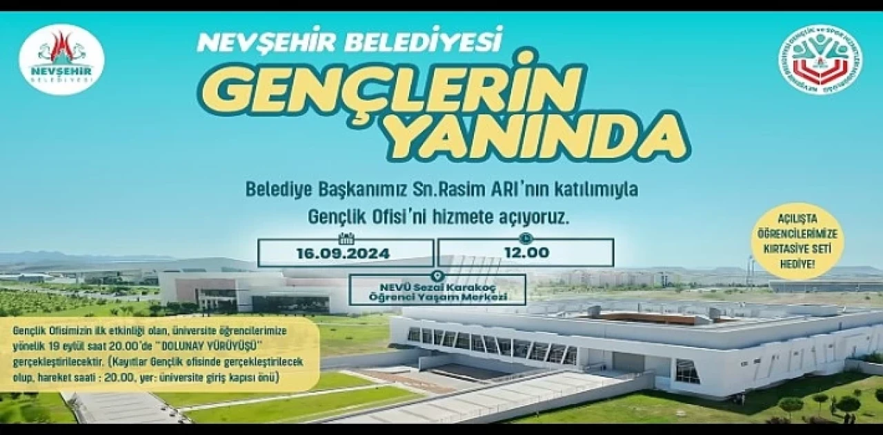 Nevşehir Belediyesi tarafından Nevşehir Hacı Bektaş Veli Üniversitesi Kampüsü içerisinde oluşturulan Nevşehir Belediyesi Gençlik Ofisi, 16 Eylül 2024 Pazartesi günü açılacak.