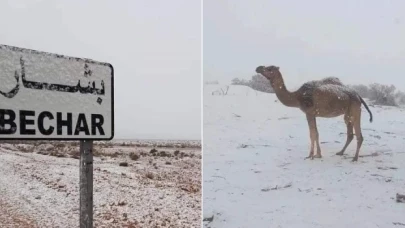 Cezayir’de çöldeki bazı bölgelere kar yağdı