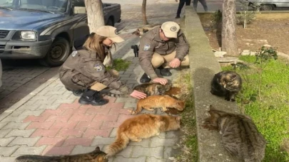 Keşan’da polis ekipleri sokak hayvanlarını besledi