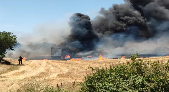 Kırklareli’nde buğday yüklü tırda çıkan yangın anızlık alana sıçradı