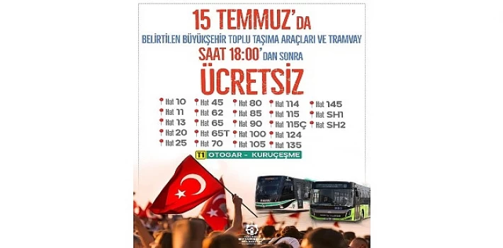 Kocaeli Büyükşehir’den 15 Temmuz’da ücretsiz ulaşım hizmeti