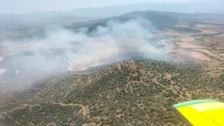 İzmir’de tarlada başlayan ve bozuk ormana sıçrayan yangına müdahale ediliyor